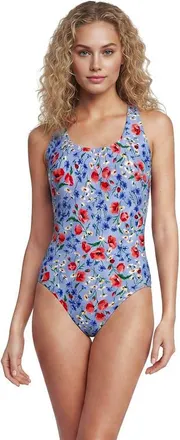 Lands End Chlorine Resistant Scoop Neck X-Back High Leg Soft Cup Tugless Sporty One Piece Swimsuit in Deep Sea/blue Floral Tropic at Nordstrom, Size