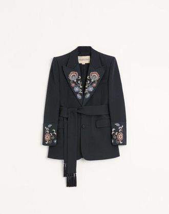 Valentino Giacca Ricamata Con Cintura Valentino In Lana Grain De Poudre Uomo NERO 48