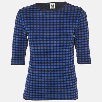 M Missoni Blue Checks Stretch Knit Round Neck Top