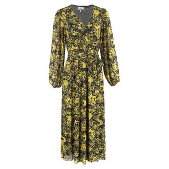 Ganni Ganni Printed Mesh Midi Wrap Dress in Yellow Polyamide