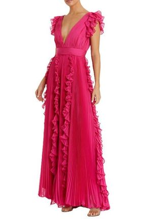 Mac Duggal Pleated Ruffle Cap Sleeve Flowy A Line Gown in Fuchsia at Nordstrom, Size 14