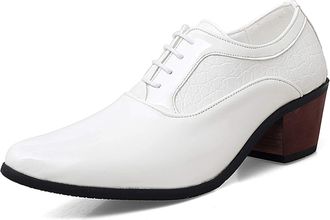 Generic Oxford Shoes for Men Lace Up Round Toe Patent Leather Faux Leather Slip Resistant Rubber Sole Low Top Block Heel Anti-Slip Party(White,7.5 UK)