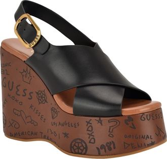 Guess Yarisel Platform Wedge Sandal in Black at Nordstrom, Size 8.5