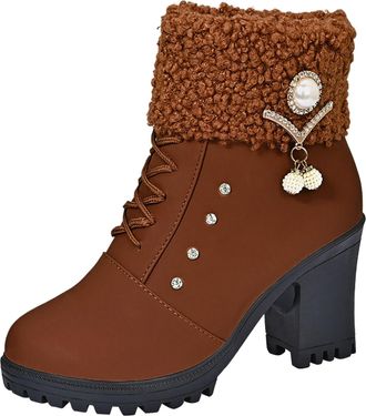 Generic Winter Elegant Winter Women Ankle Boots Featuring Round Toe Design Side Zipper Closure And Decorative Rhinestone Pearl For Versatile Style With Thick 