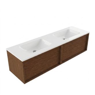Saniclass Holz Frame Badkamermeubelset - 160x45x57.5cm - Torino solid surface wastafel wit - zonder kraangat - 2 lades - mat walnut pure (hout)