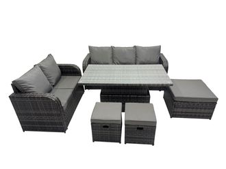 Fimous Rattan Garden Furniture Dining Set 8-seater with 3 Footstools in Dark Grey