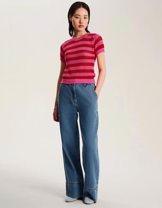 Omnes Womens Lexi Stripe Crochet Jumper in Magenta and Red - Size: XL