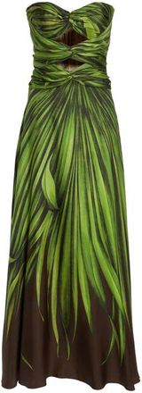Oscar De La Renta Palm Leaves Print Strapless Cutout Silk Gown in Green/Brown at Nordstrom, Size 10