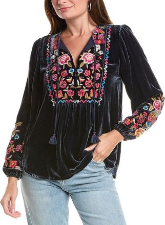 Johnny Was Curved Hem Prairie Silk-Blend Blouse