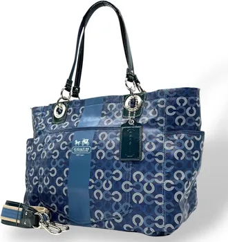 Coach Blue Navy Signature Line Shoulder Bag Tote Bag (Pre-Owned)