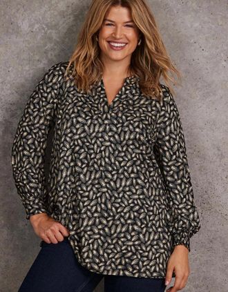 Live Unlimited London Womens Black Feather Print Nehru Collar Tunic - Size: 16