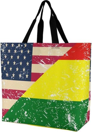 Generic U.S. And Bolivian Vintage Flag Reusable Shopping Bags One Shoulder Grocery Tote Bag Waterproof Big Purse for Work Travel