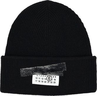 Maison Margiela Accessoires, Dames, Zwart, S, Wol, Zwarte Geribbelde Beanie met Numeriek Logo