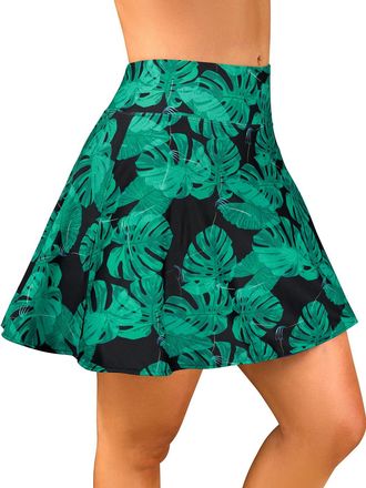 SHEKINI Womens Skirted Bikini Bottoms High Waisted Period Swim Skirt with Liner Shorts Pocket Stretch Swimming Skorts, Green, XXL