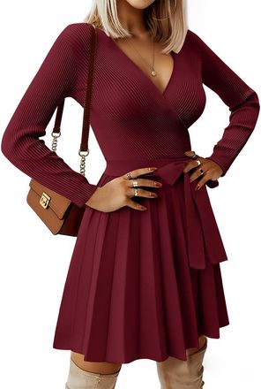 Heekpek PASUDA Jumper Dress for Women Winter Elegant Long Sleeve V Neck Knitted Sweater Party Dresses Ladies Casual High Waist Pleated Tunic Dress(Wine red,XX