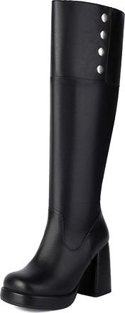 Generic Womens High Heeled Platform Boots Round Toe Knee High Boots PU Leather Long Boot with Side Zipper,Black,2.5 UK