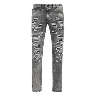 Philipp Plein Jeans, Heren, Grijs, W28, Denim, Denim Slim Fit met metalen gaas
