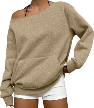 Generic Off The Shoulder Black Tops for Womens Collared Half Button, Oversized Pullover Baggy Sweatshirt, Long Sleeve Jumper with Kangaroo Pocket Lightweight 