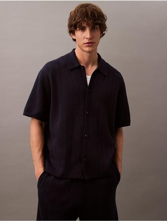 Calvin Klein Mens Jacquard Mesh Sweater Polo Shirt - Navy - XS