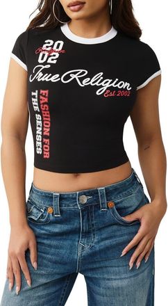 True Religion Sporty Contrast Crop Stretch Cotton Graphic T-Shirt in Jet Black at Nordstrom, Size Xx-Large