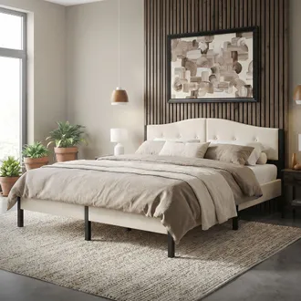 ML Design Ml-design Cama Tapizada Doble 180x200 Cm Estructura Con Cabecero Y Somier Robusto De L&aacute;minas Con Armaz&oacute;n De Acero Y Tejido De Lino Beige, Base Para Do