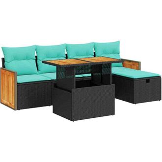 vidaXL 6 Piece Garden Sofa Set with Cushions Black Poly Rattan Acacia vidaXL
