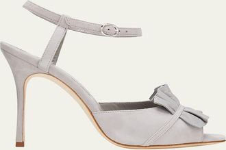 Manolo Blahnik Khedni Ruffle Peep-Toe Suede Sandals