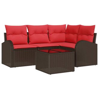 vidaXL Conjunto De Sof&aacute;s De Jard&iacute;n 5 Pcs Marr&oacute;n Y Rojo Rat&aacute;n Sint&eacute;tico Vidaxl