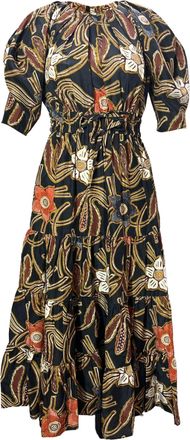 Ulla Johnson Zeenat Floral Print Shirred Midi Puffed Sleeve Dress in Multicolor Silk