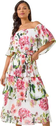 Roman Womens Bardot Floral Tiered Dress - Ivory - Size 18 UK