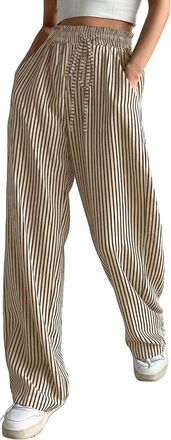 Generic Womens Casual Striped Pants Drawstring Elastic Waist Straight Wide Leg Trousers with Pockets Casual Lightweight Comfortable Dress Work Palazzo Pants L