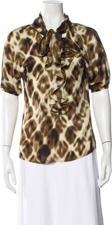 Just Cavalli Womens Pre-Loved Print Blouse With Ruffle Front Trim And Neck Tie In Leopard
