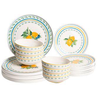 Beliani Vajilla De 24 Piezas De Porcelana Acabado Esmaltado Con Motivo De C&iacute;tricos Y Limones Para 8 Personas Comedor Cocina Blanco Y Verde Tarragon