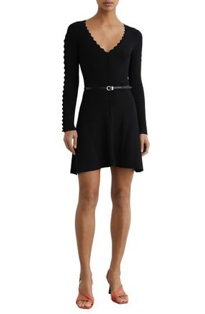 Reiss Orla Long Sleeve Belted Rib Minidress in Black at Nordstrom, Size X-Small