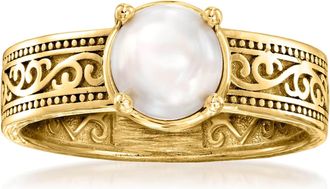 Ross-Simons 6.5-7mm Cultured Pearl Scrollwork Ring in 18kt Gold Over Sterling