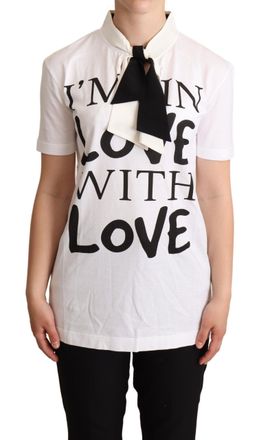 Dolce & Gabbana Womens White Cotton Silk Blend Ascot Collar T-Shirt