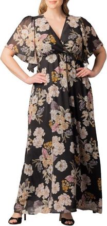 Kiyonna Carmella Flutter Sleeve Gown in Midnight Peony Print at Nordstrom, Size 5X