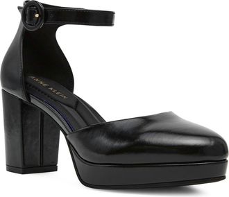 Anne Klein Faith Platform Ankle Strap Pump in Black Crinkle at Nordstrom, Size 9.5