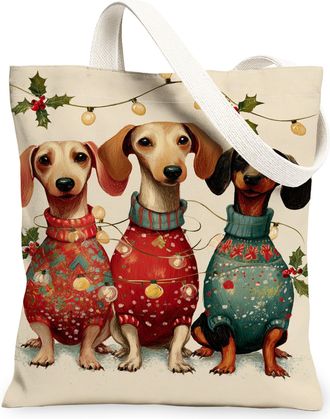 Generic Dog Canvas Tote Bags, Cute Animal Design Reusable Grocery Bags, Holiday Vintage Lightweight Washable Shoulder Strap Canvas, Beige, 13x15 Inch