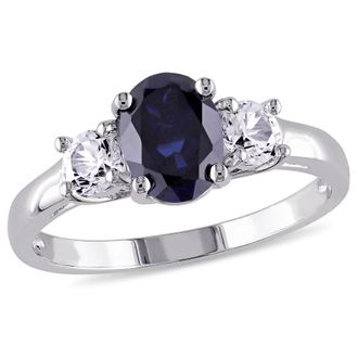 Amour Oval Cut Created Blue and Created White Sapphire 3-sTone Ring In Sterling Silver