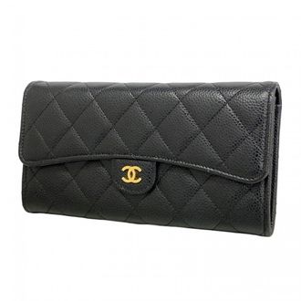 Chanel Black Grained Calfskin Long Wallet (Bi-Fold) (Pre-Owned)