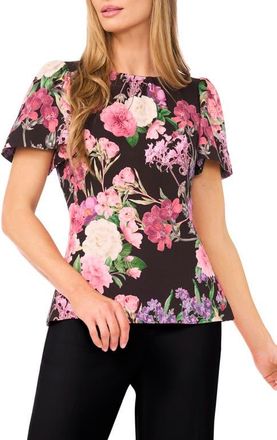 Ted Baker Lauren Floral Print Flutter Sleeve Top in Rich Black at Nordstrom, Size X-Small