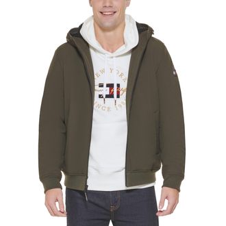 Tommy Hilfiger Mens Soft Shell Active Filled Bomber Jacket, Olive Sherpa Lined W. Patch, XL