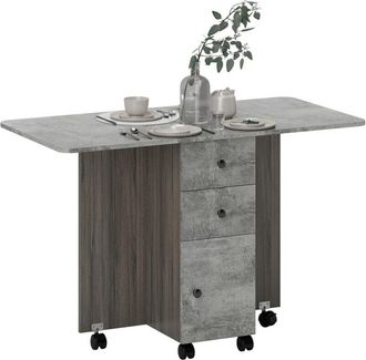 HOMCOM Homcom Mesa Plegable De Comedor, Mesa De Cocina Plegable, Con Ruedas, Alas Abatibles, 2 Cajones Y Armario, Hasta 6 Personas, 120x60x76,5 Cm, Gris