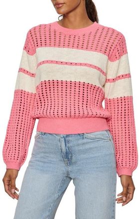 Sanctuary Open Stitch Cotton Sweater in Bloom Pink/White Stripe at Nordstrom, Size X-Large