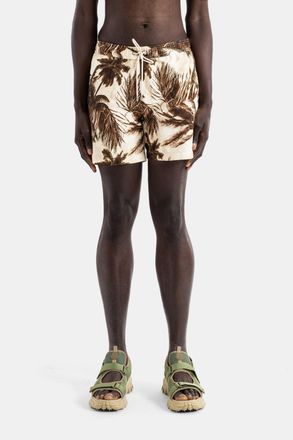 Moncler Mens Ivory Polyester Swim Shorts With Sepia Palm Tree Print