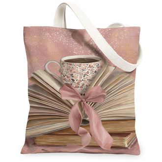 Generic Vintage Artistic Canvas Tote Bag, Book and Coffee Design Reusable Grocery Bags, Lightweight Washable Shoulder Strap Tote Fo, Peach, 13x15 Inch