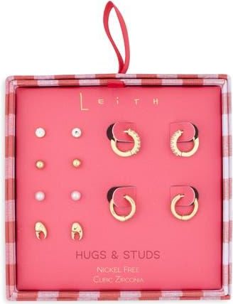 Leith Set of 6 Cubic Zirconia & Faux Pearl Lobster Stud & Huggie Hoop Earrings in Clear- White- Gold at Nordstrom Rack