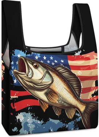 Generic USA Flag Bass Fish Shopping Bag Reusable Grocery Tote Bag Foldable Handbag for Travel Picnic