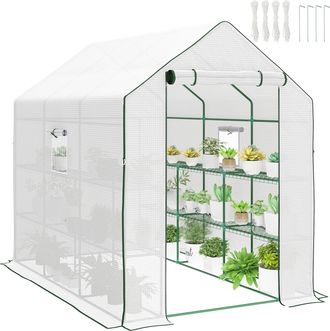OEM Invernadero De Exterior Con 12 Estantes Puerta Enrollable Cubierta De Pe Y Marco De Acero 140x213x190 Cm Blanco